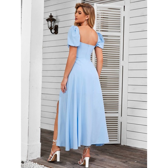 cottagecore Puff Sleeve Tie Front Off Shoulder Slit Thigh maxi Dress black - Picture 5 of 11